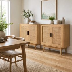 Stylish Buffet Sideboard with Rattan Doors for Storage