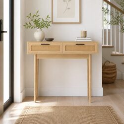 Durable Console Table with 2 Rattan Drawers in Light Wood