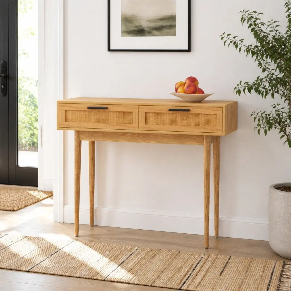 Console Table Rattan Drawers Light Wood Tone 90cm x 35cm x 78cm