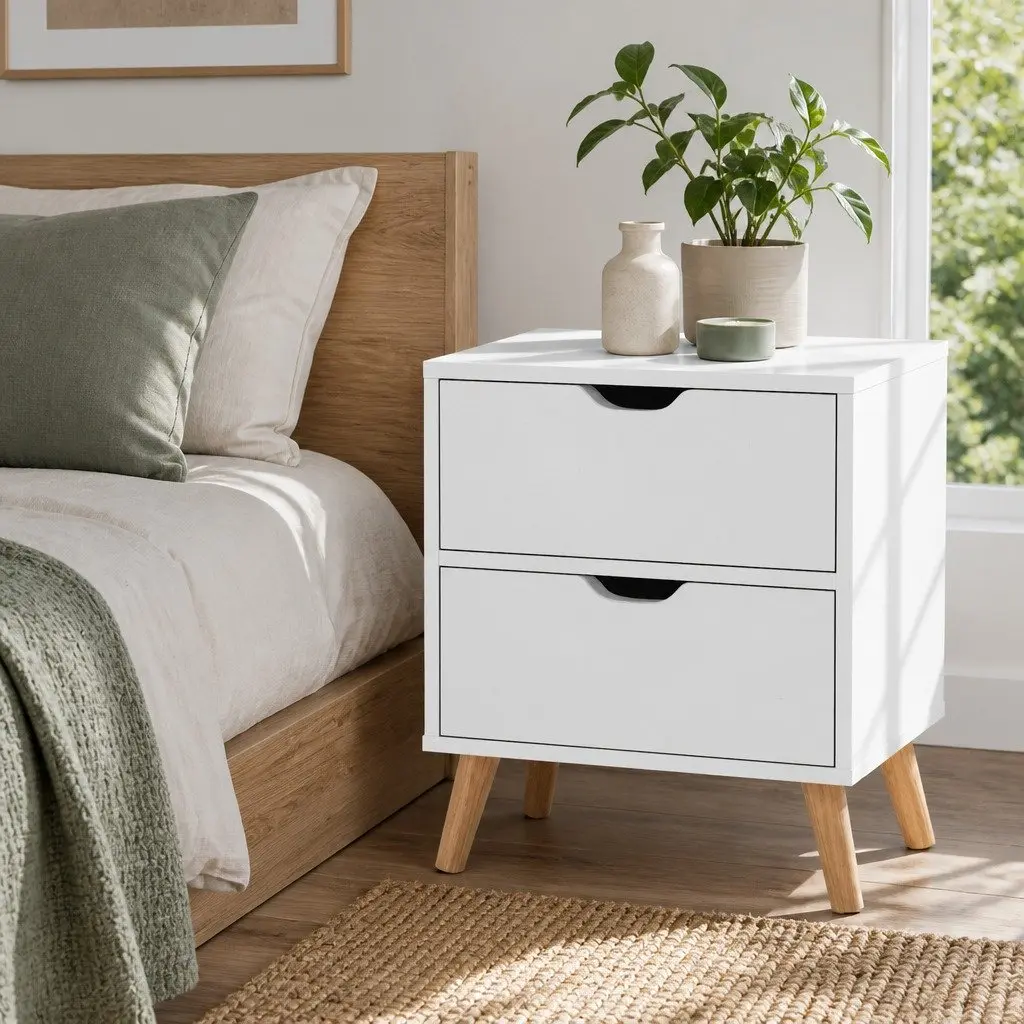 White Bedside Table with 2 Drawers and Splayed Legs