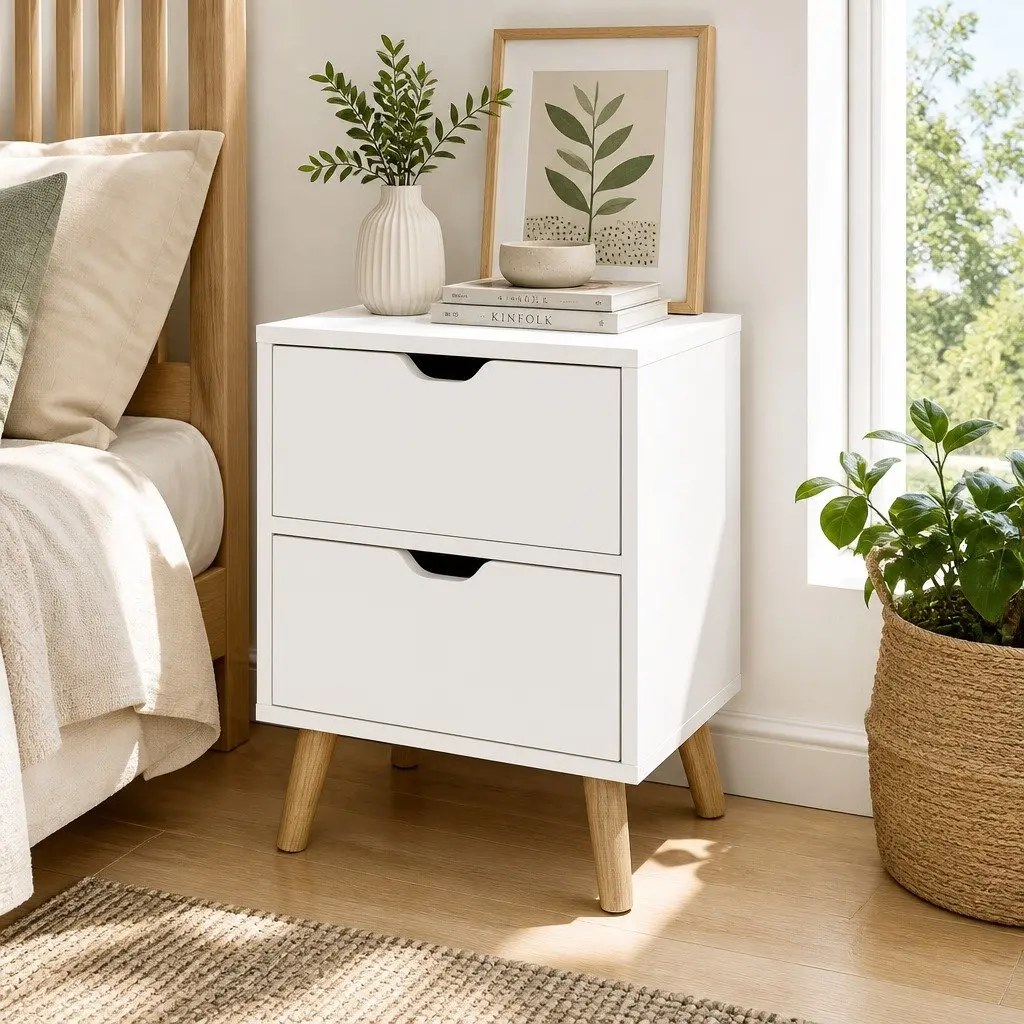 White Bedside Table with 2 Drawers and Splayed Legs