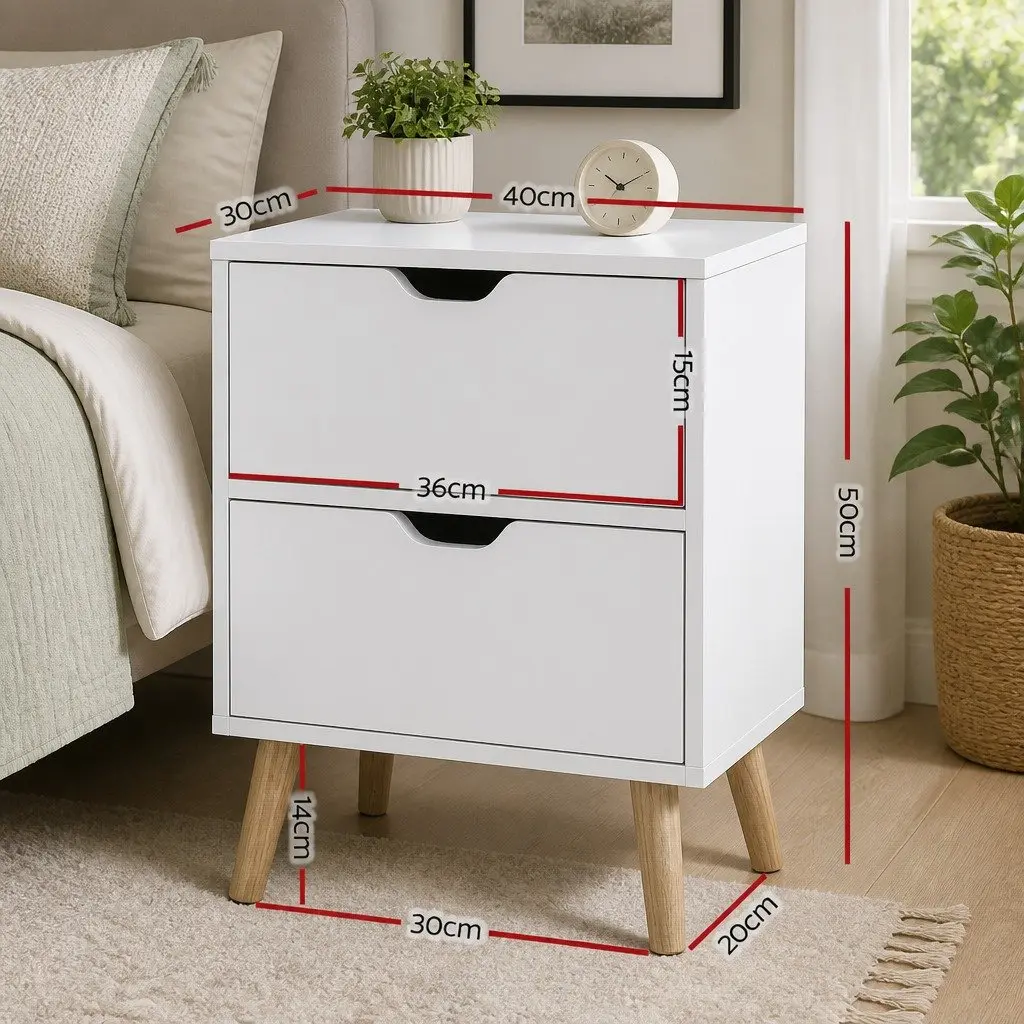 White Bedside Table with 2 Drawers and Splayed Legs