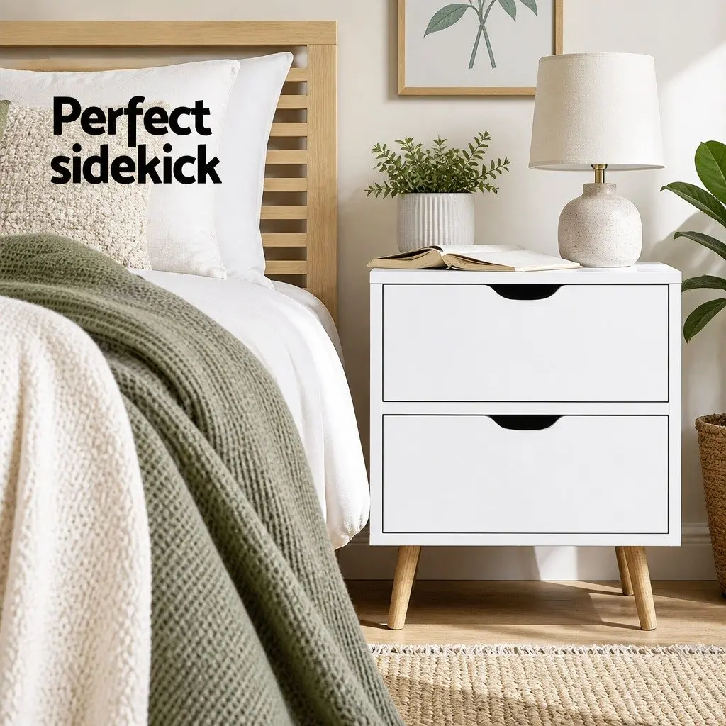 White Bedside Table with 2 Drawers and Splayed Legs