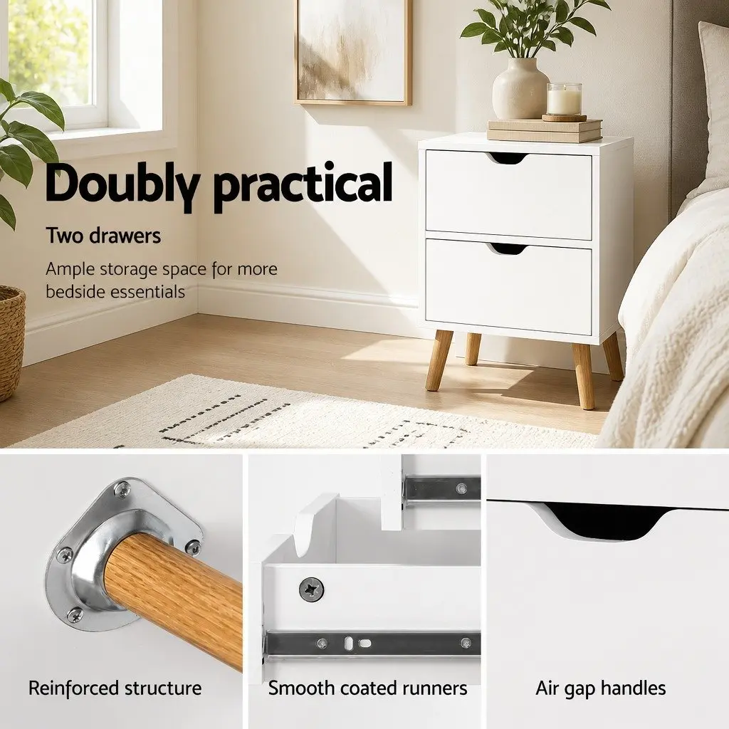 White Bedside Table with 2 Drawers and Splayed Legs