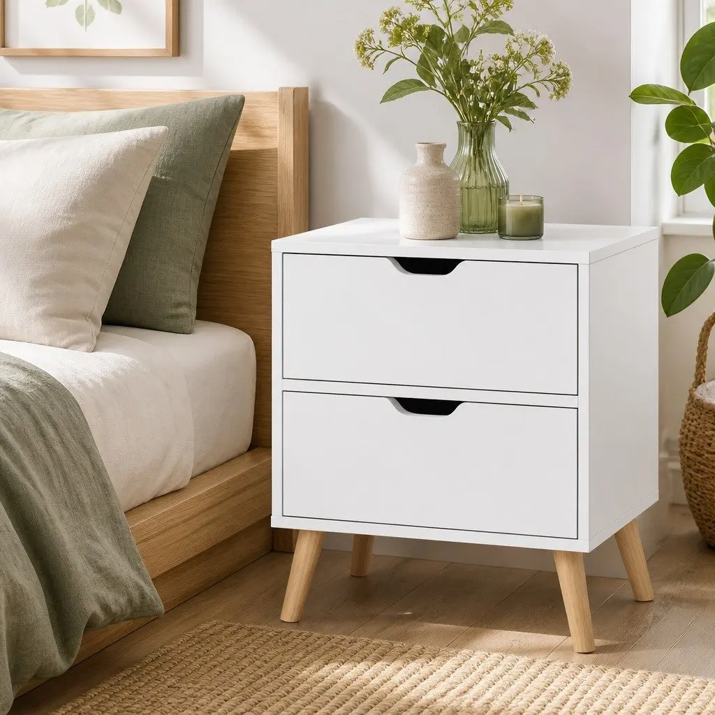 White Bedside Table with 2 Drawers and Splayed Legs