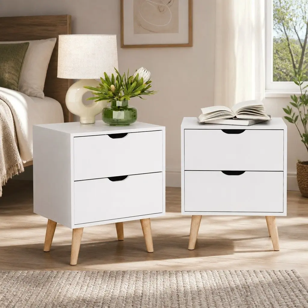 White Bedside Table with 2 Drawers and Splayed Legs