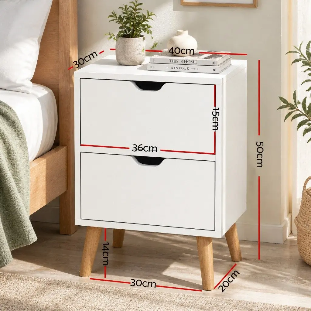 White Bedside Table with 2 Drawers and Splayed Legs