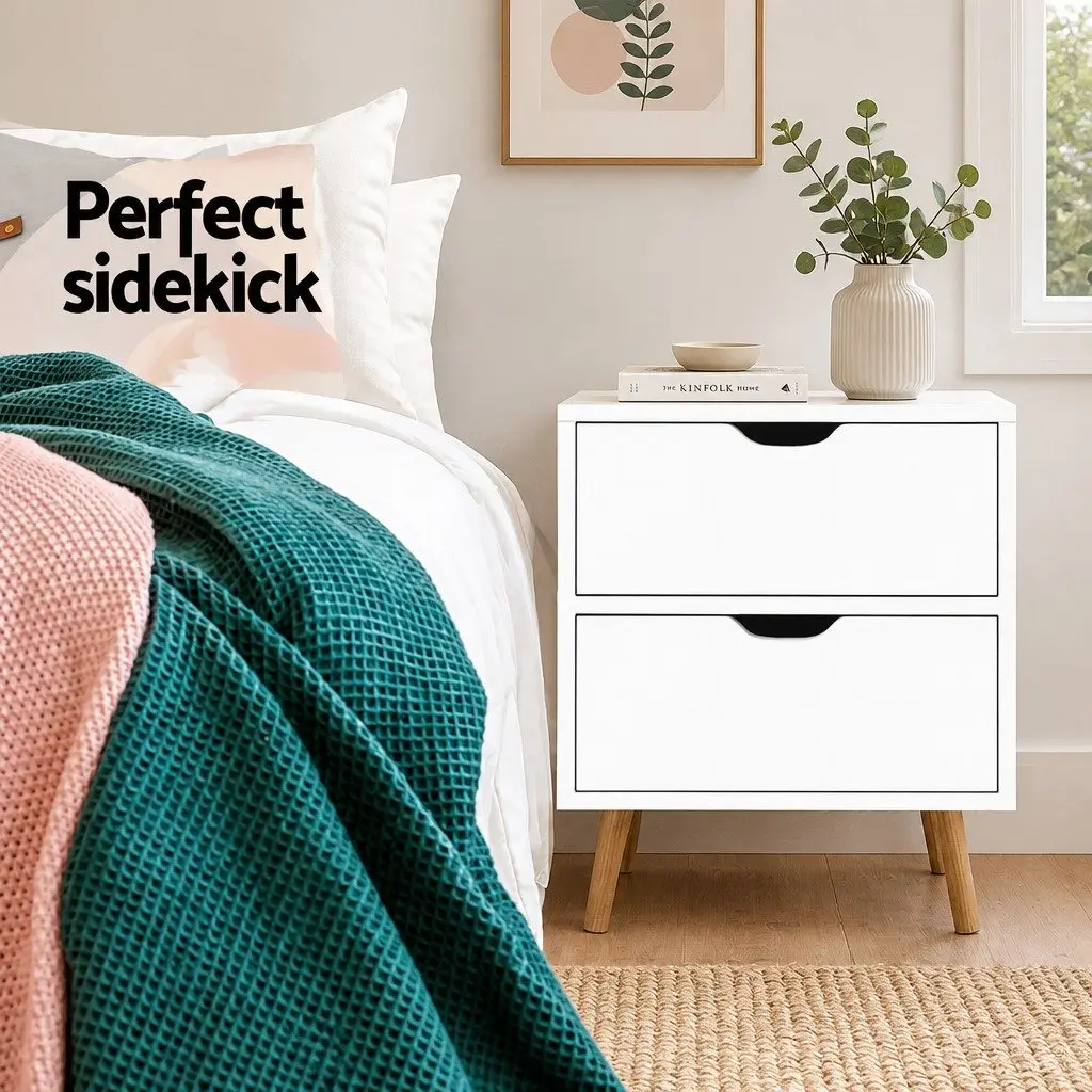 White Bedside Table with 2 Drawers and Splayed Legs