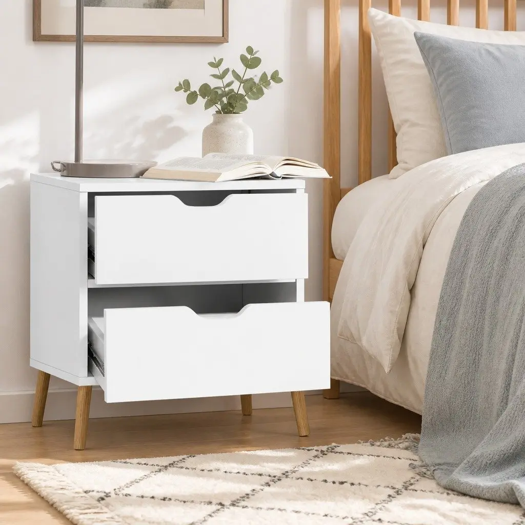 White Bedside Table with 2 Drawers and Splayed Legs
