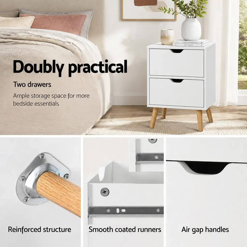 White Bedside Table with 2 Drawers and Splayed Legs
