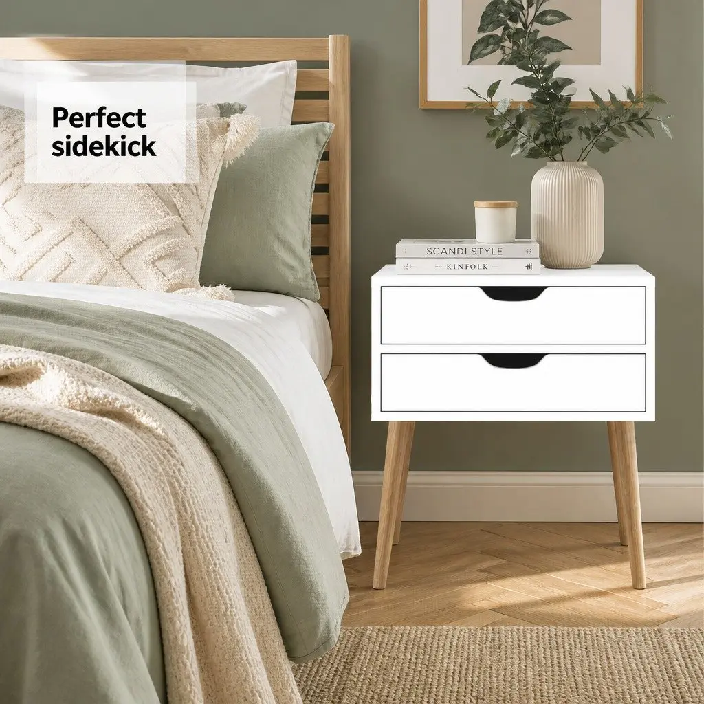White Bedside Table with 2 Drawers