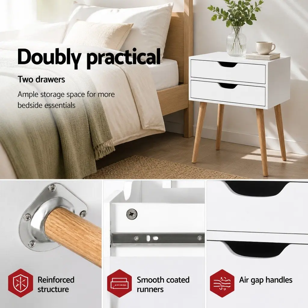 White Bedside Table with 2 Drawers