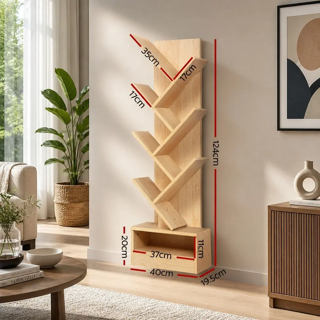 Tree Bookshelf Particle Board 7 Tier Natural Oak 40cm x 19.5cm x 124cm