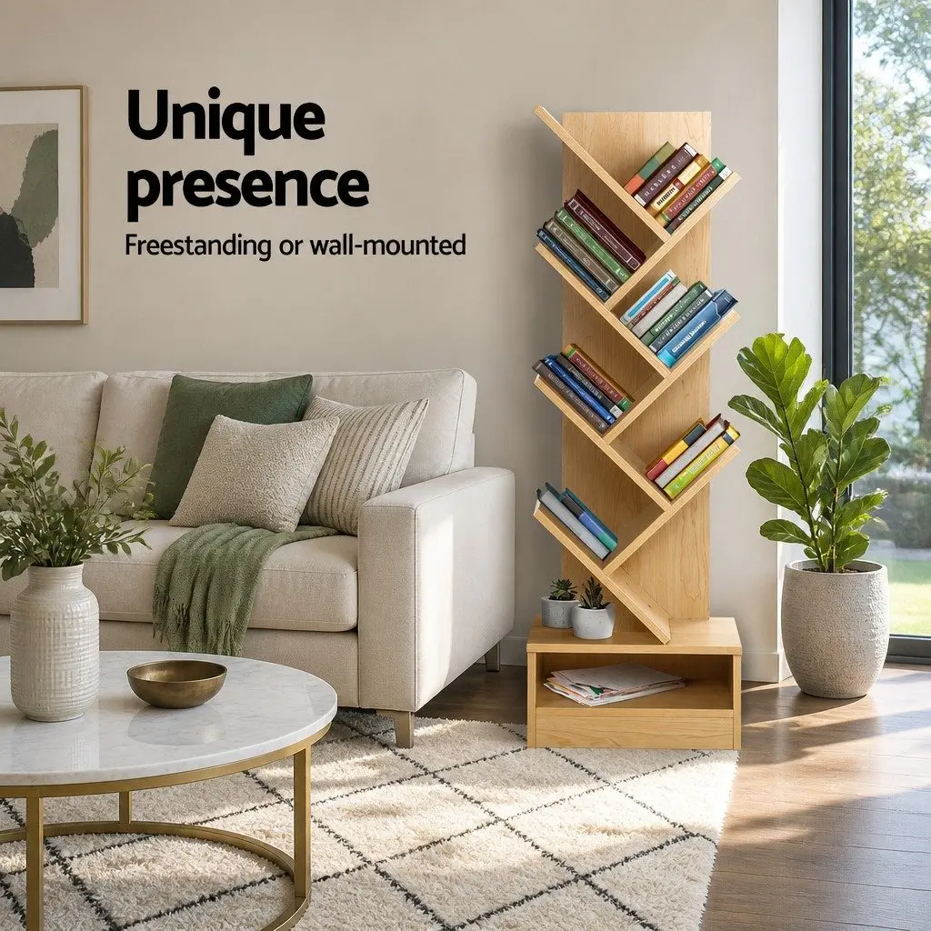 Tree Bookshelf Particle Board 7 Tier Natural Oak 40cm x 19.5cm x 124cm