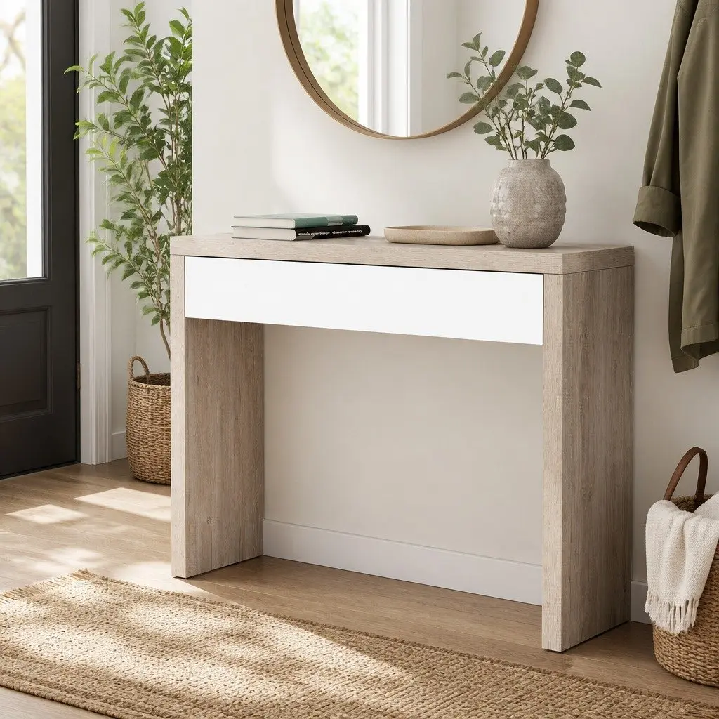 Console Table with Storage Drawer in White Pine