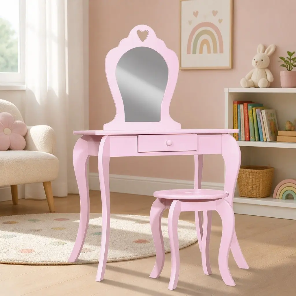 Kids Dressing Table and Stool Set with Mirror