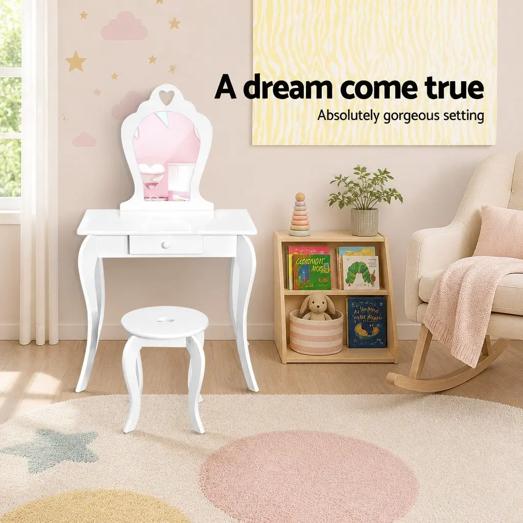 Kids Dressing Table Stool Set Vanity Mirror Makeup White Children Furniture