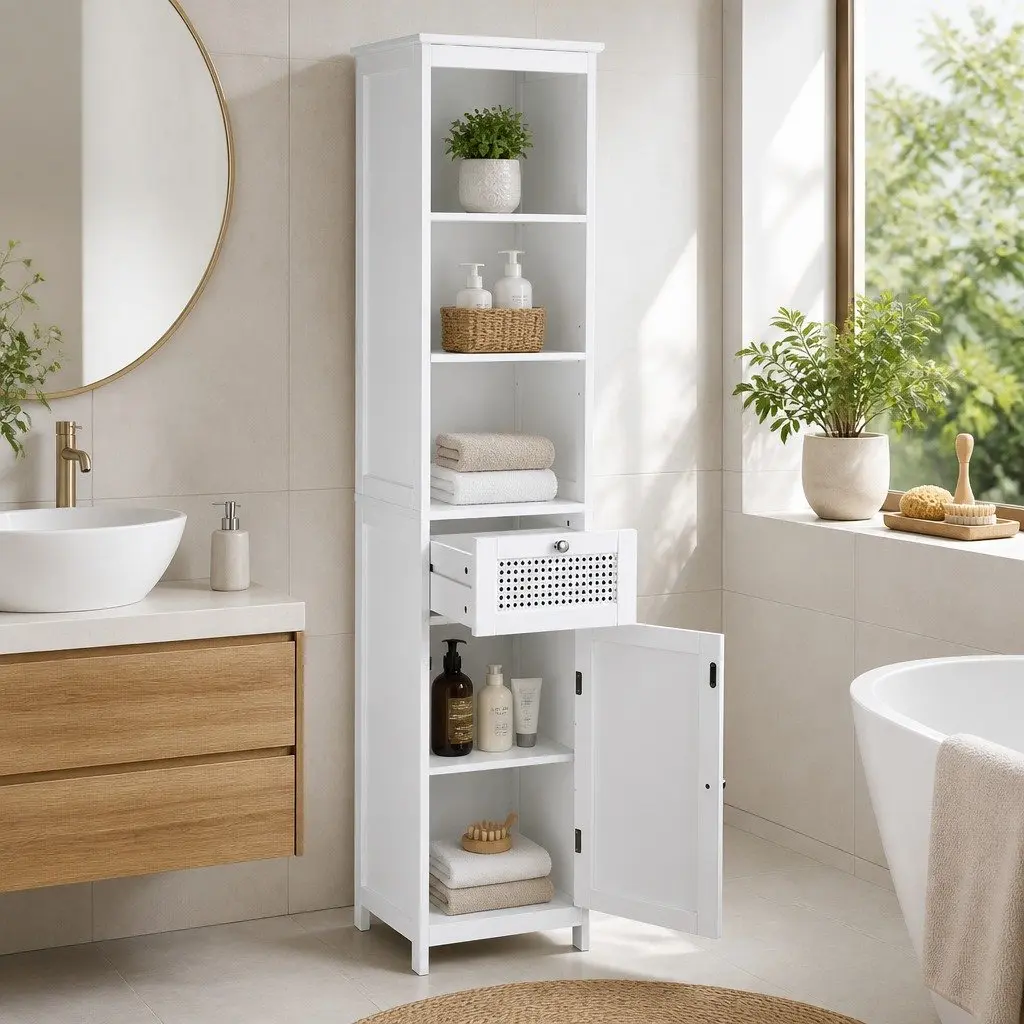 Bathroom Storage Cabinet E1 MDF PVC Rattan 161cm White Tallboy Cupboard