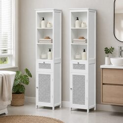 161cm White Rattan Bathroom Storage Cabinet with 3-Tier Shelves
