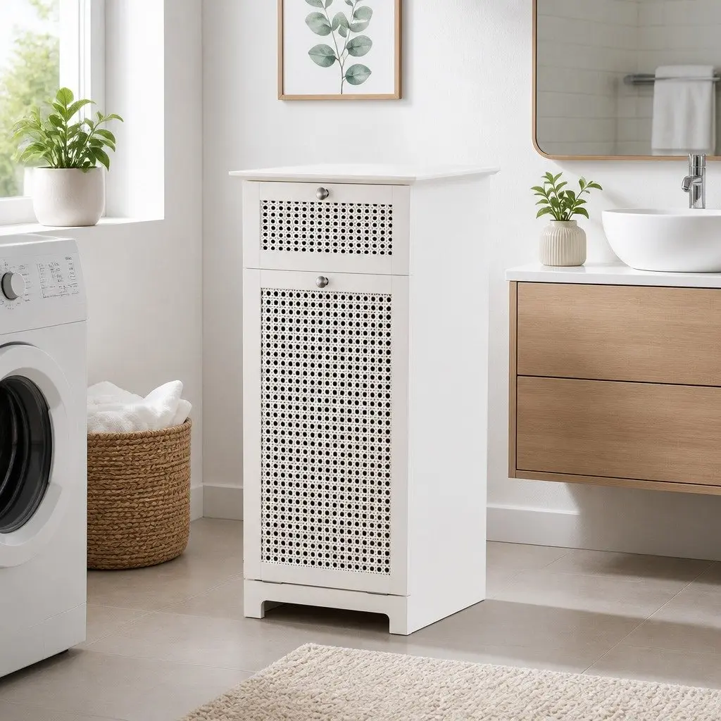 Laundry Hamper Cabinet E1 MDF PVC Rattan 40cm x 41cm x 90cm White