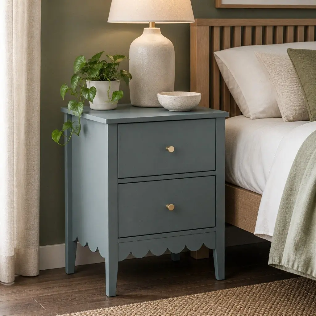 Green Bedside Table with Two Drawers