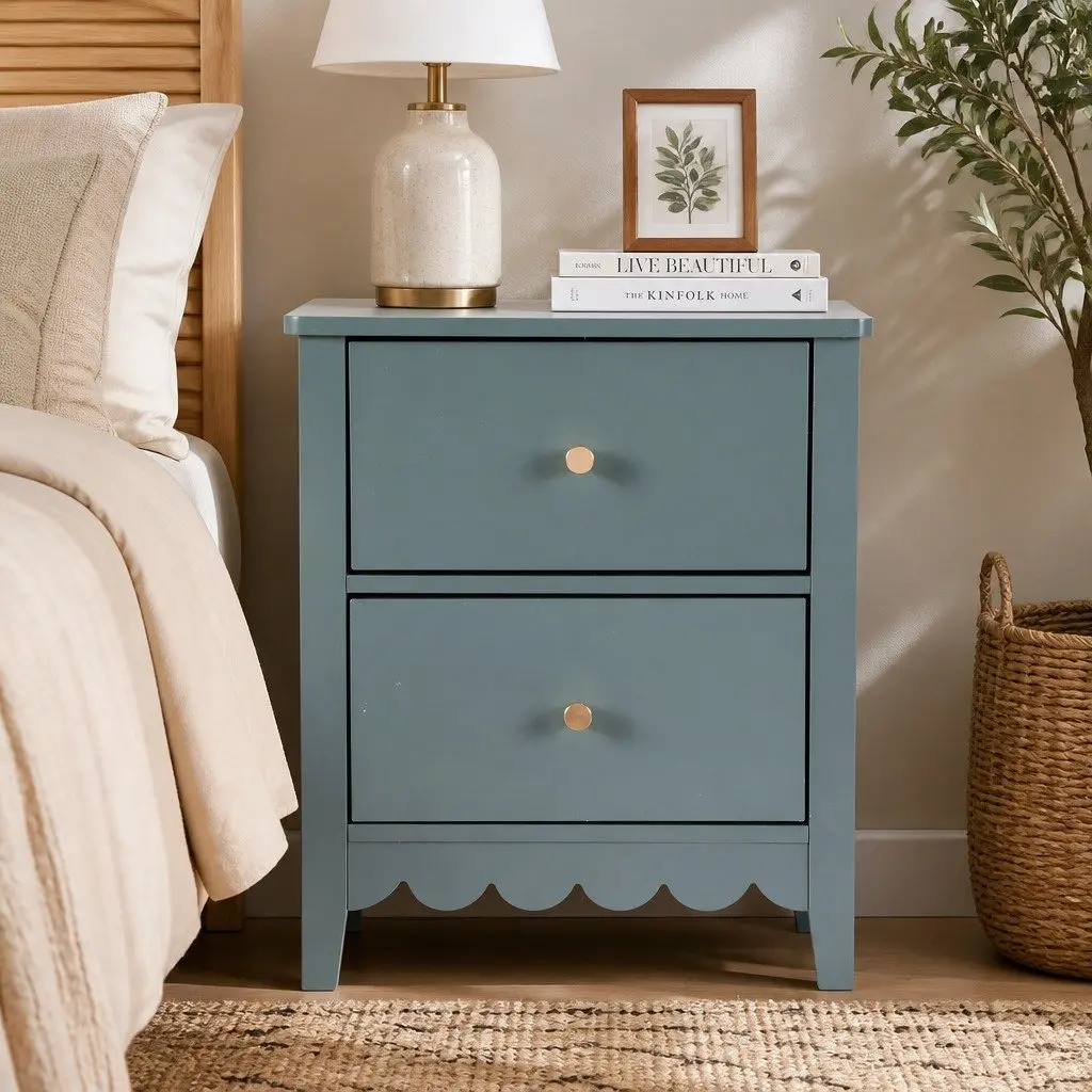Green Bedside Table with Two Drawers