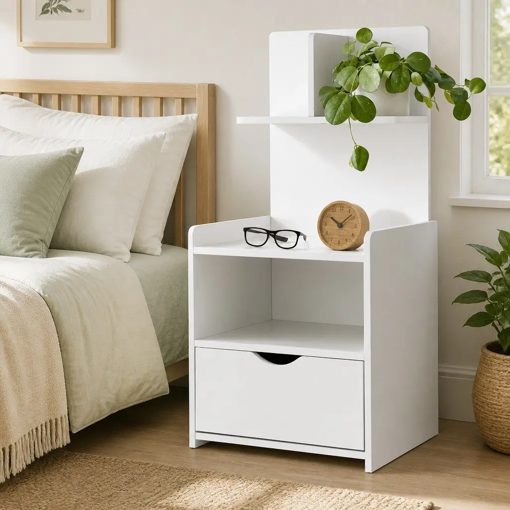 White Nightstand with 1 Drawer and Open Shelves