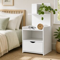 Bedside Table 1 Drawer with Open Shelves Storage White Bedroom Nightstand