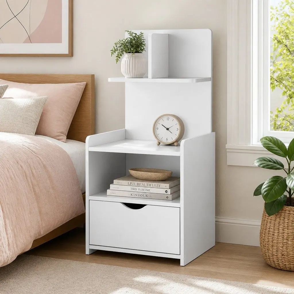 White Nightstand with 1 Drawer and Open Shelves