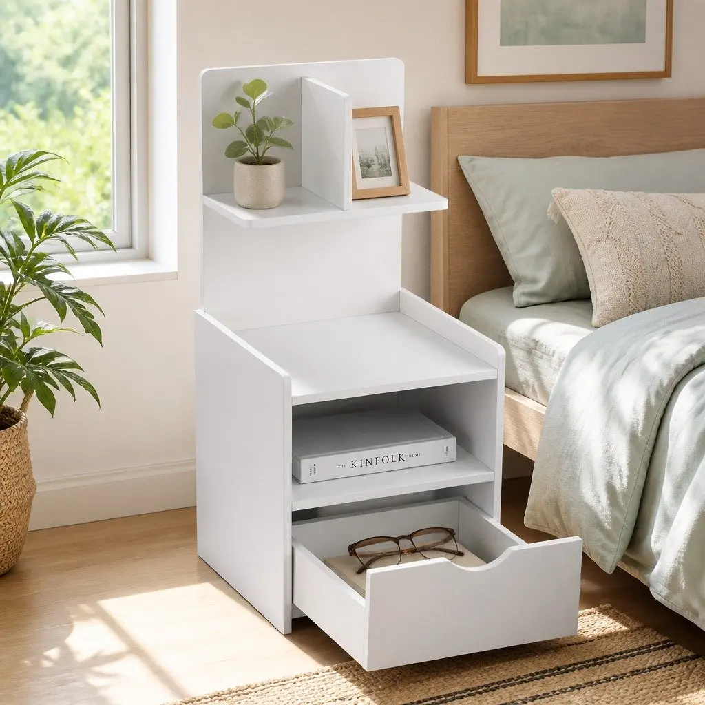 White Nightstand with 1 Drawer and Open Shelves