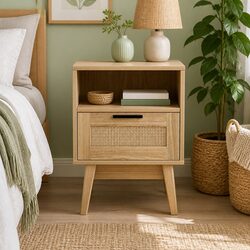 Rattan Bedside Table 1 Drawer with Shelf Open Display Storage Bedroom Nightstand