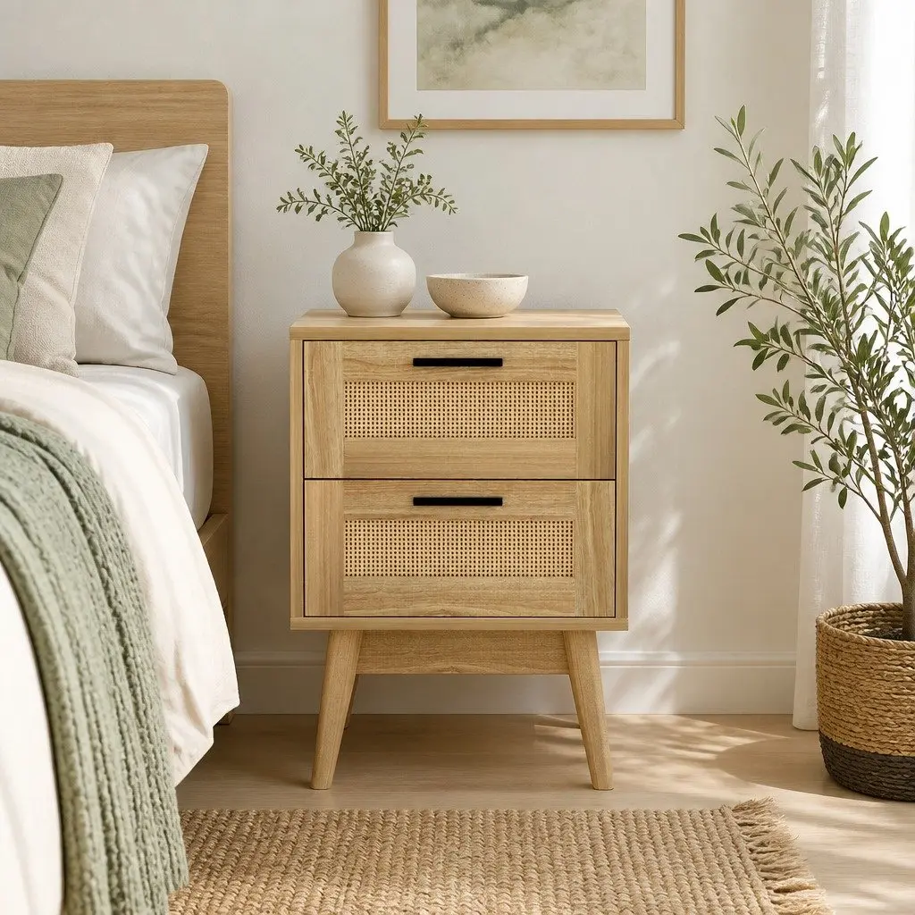 Rattan Bedside Table with 2 Drawers and Shelf