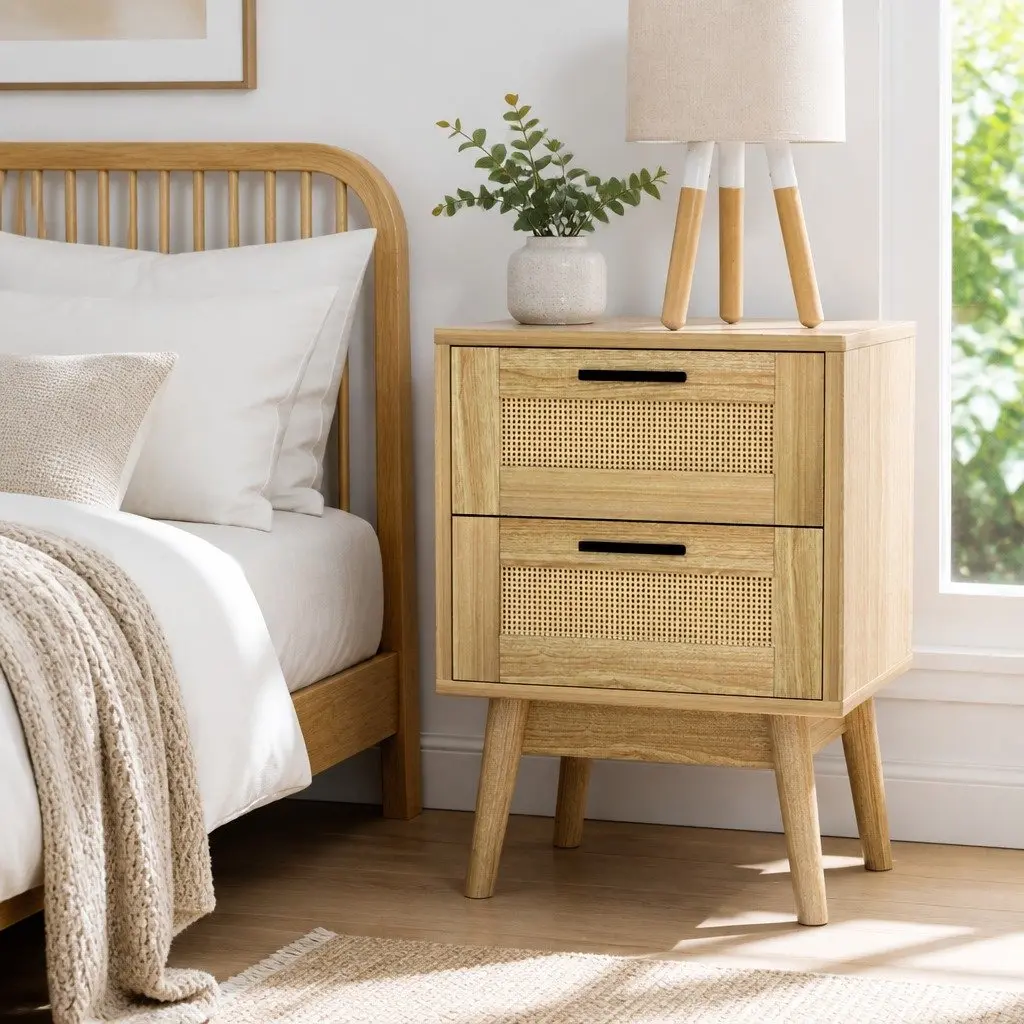 Rattan Bedside Table with 2 Drawers and Shelf
