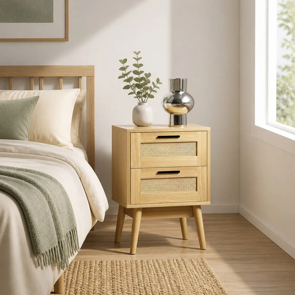 Rattan Bedside Table with 2 Drawers and Shelf