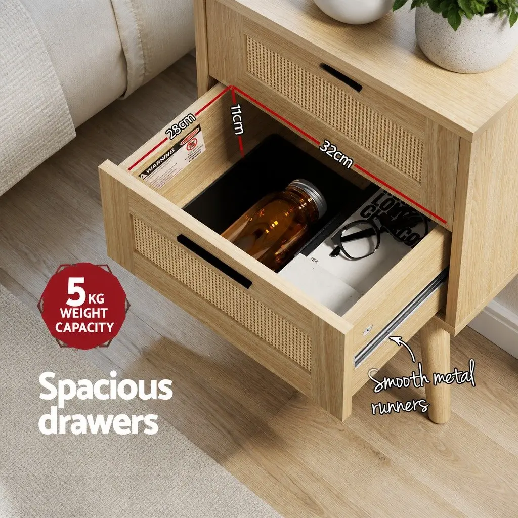 Rattan Bedside Table with 2 Drawers and Shelf
