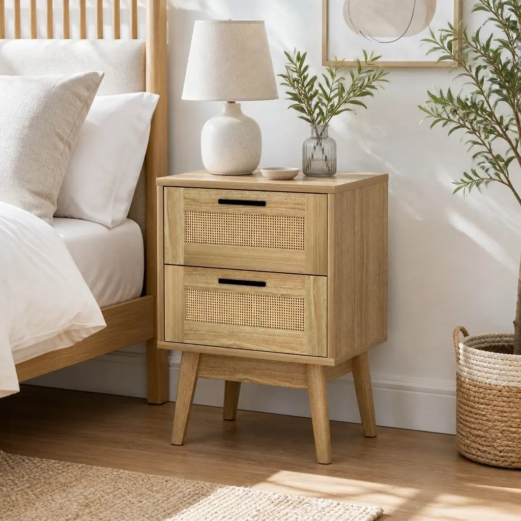 Rattan Bedside Table with 2 Drawers and Shelf