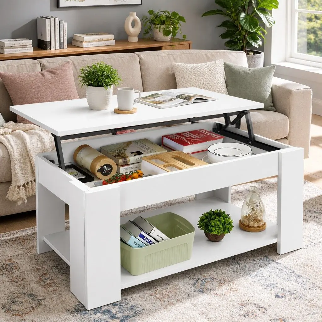 Lift-Top Coffee Table Particle Board 98 x 50 x 42cm White
