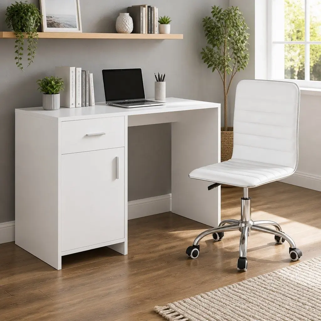 Computer Desk Engineered Wood 100cm White Office Chair PU Leather Adjustable Height Combo