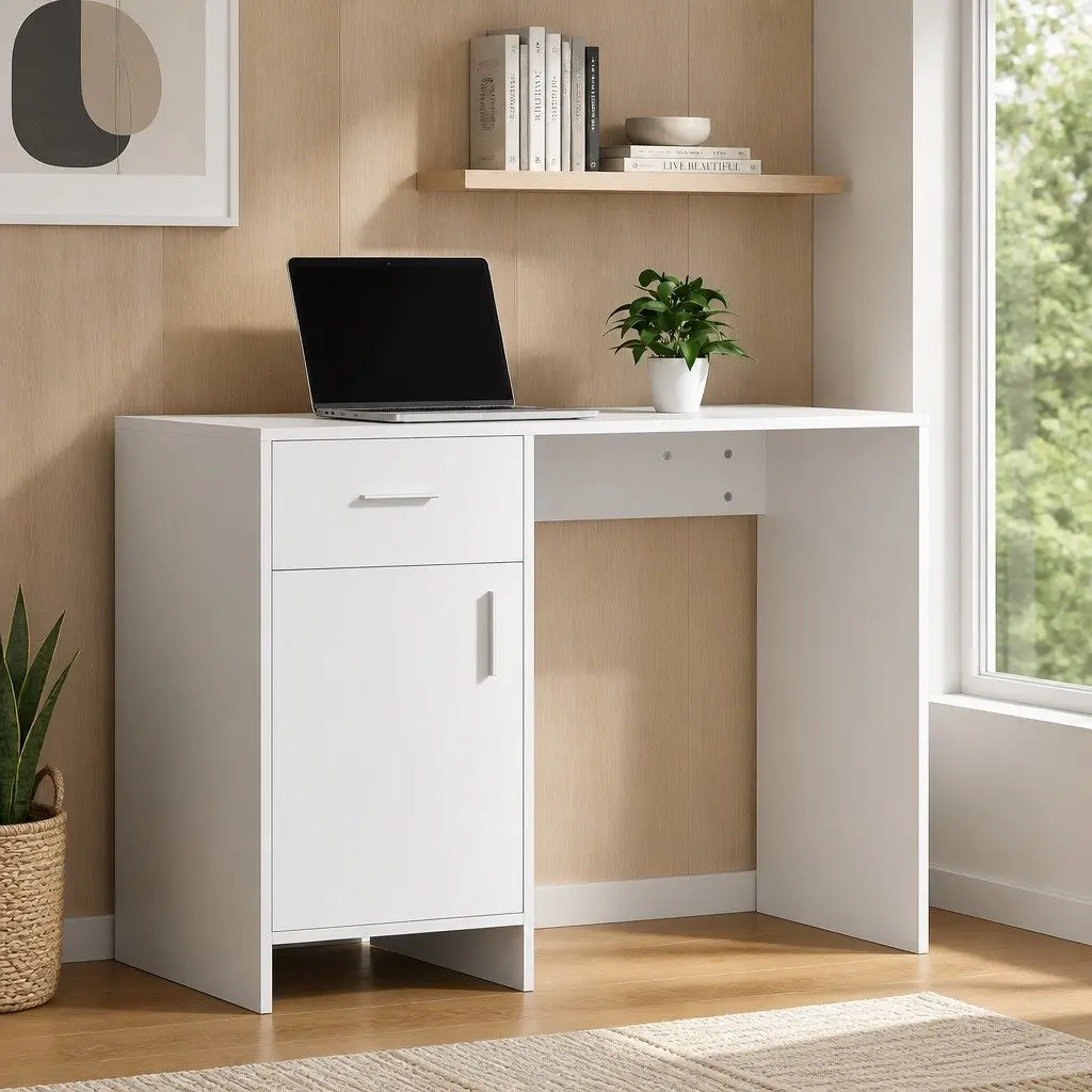 White Computer Desk with Storage Drawer 100CM