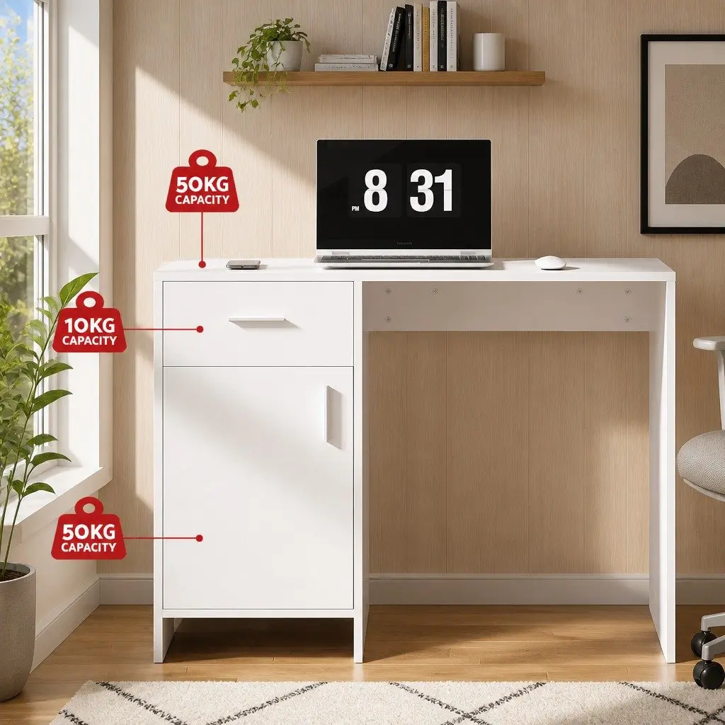 White Computer Desk with Storage Drawer 100CM