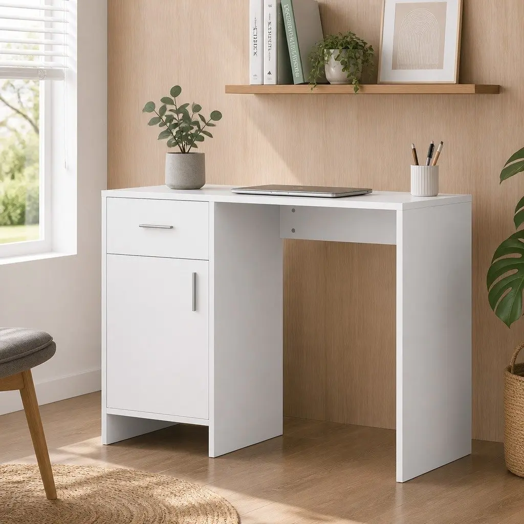White Computer Desk with Storage Drawer 100CM