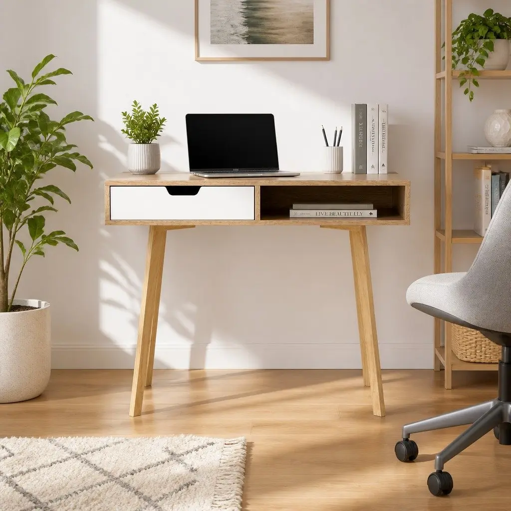 Oak White Computer Desk with Storage Drawer
