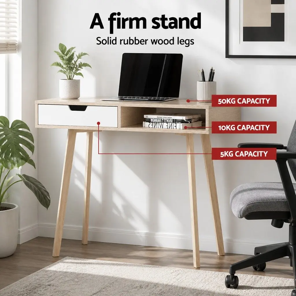 Oak White Computer Desk with Storage Drawer