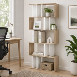 Sturdy 5 Tier Display Bookshelf in White and Wood Brown