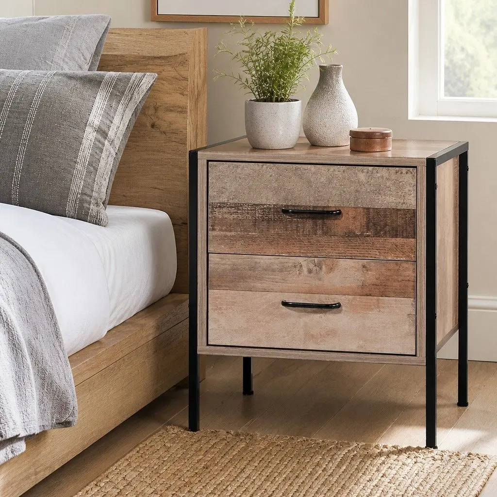 Black and Dark Oak Bedside Table with 2 Drawers