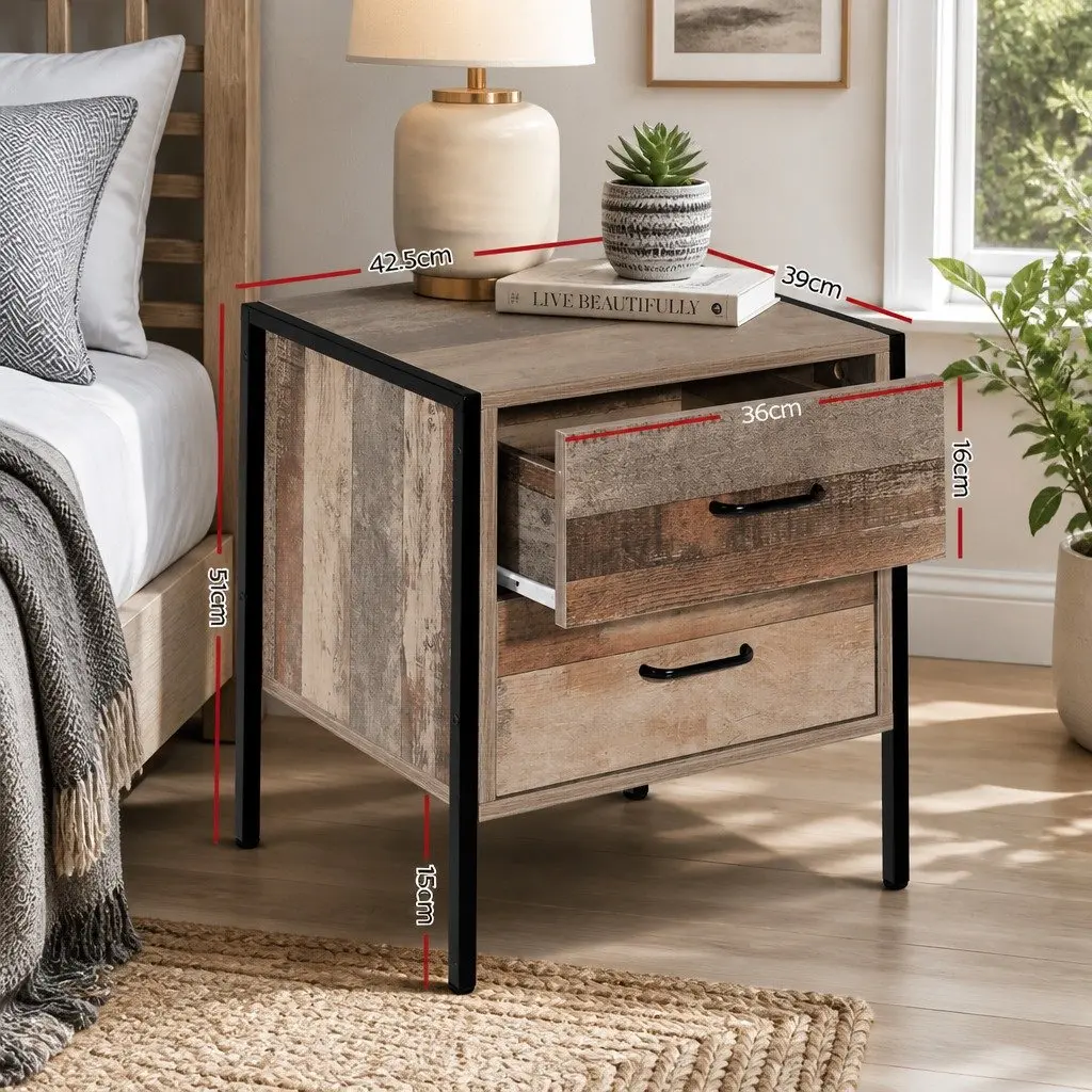 Black and Dark Oak Bedside Table with 2 Drawers