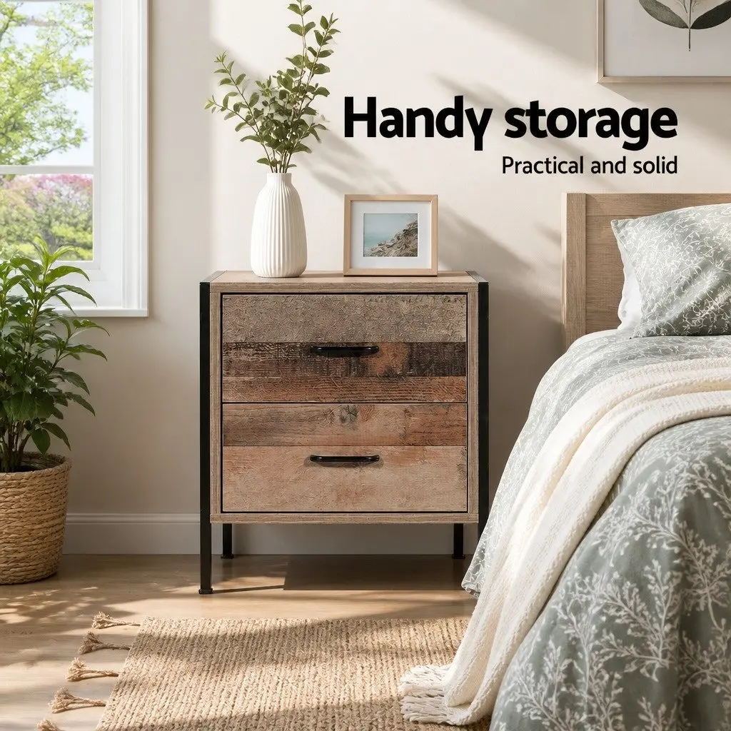Black and Dark Oak Bedside Table with 2 Drawers
