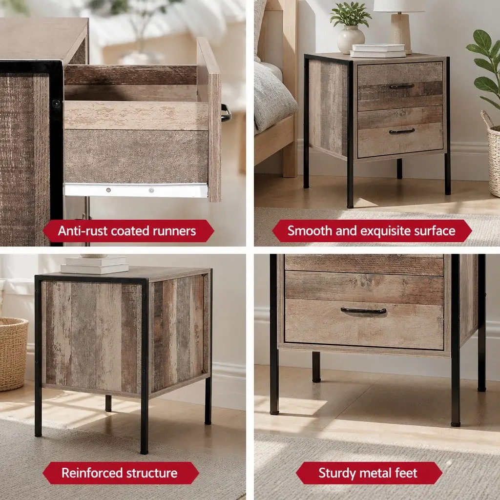 Black and Dark Oak Bedside Table with 2 Drawers