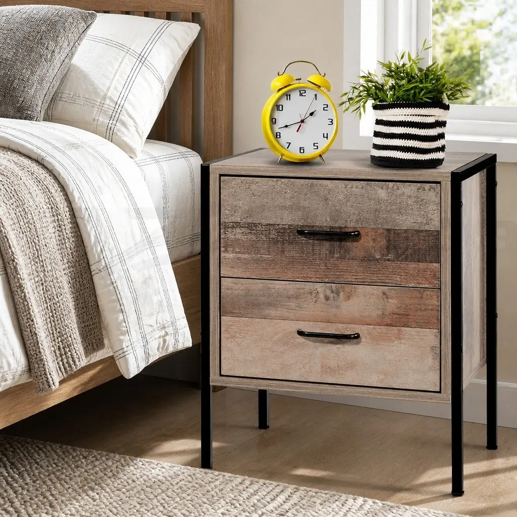 Black and Dark Oak Bedside Table with 2 Drawers
