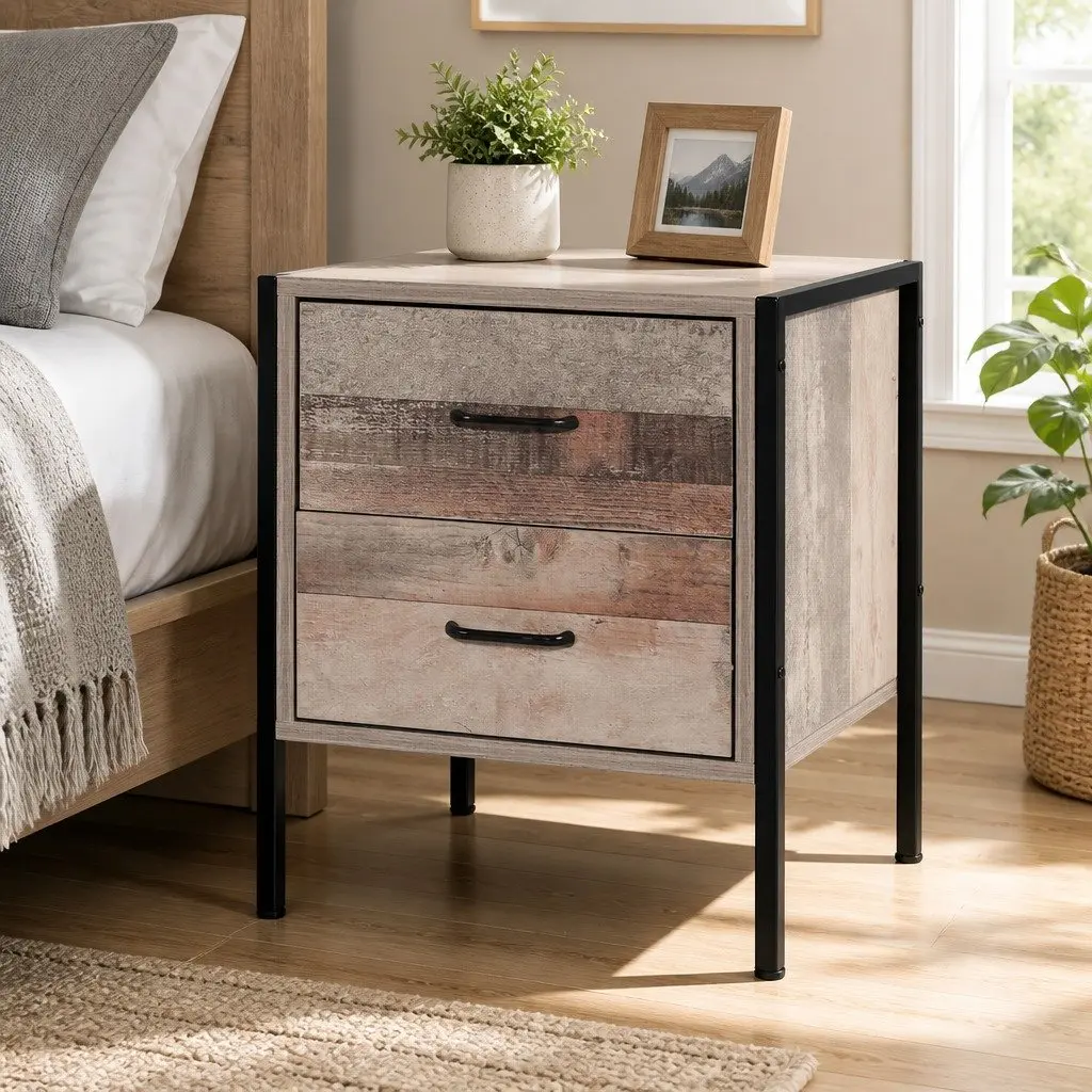 Black and Dark Oak Bedside Table with 2 Drawers